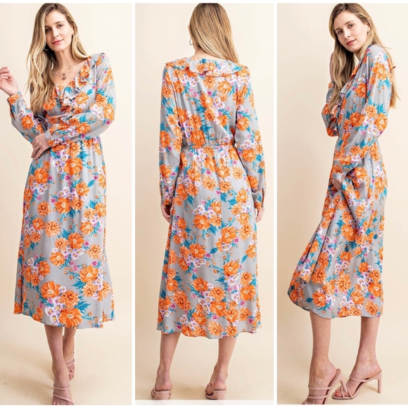 Boho Chic Slate Gray Floral Flowy Long Sleeves Midi Dress - Picture 2 of 7